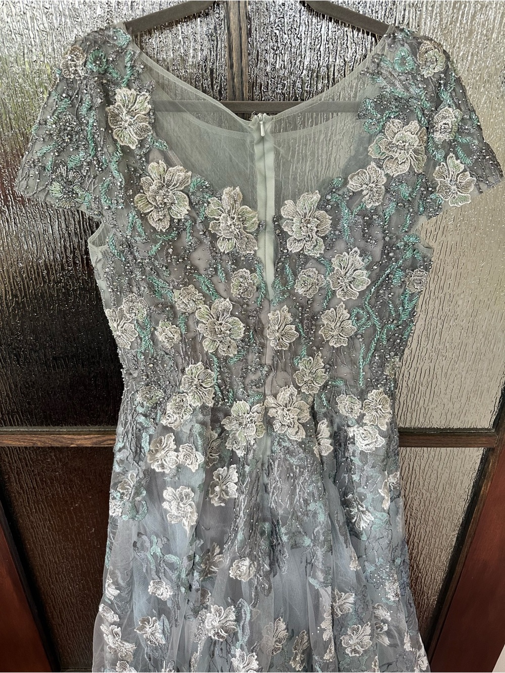 Mac Duggal Steel Blue and Silver Floral Embroidered Maxi Gown - Picture 5 of 14
